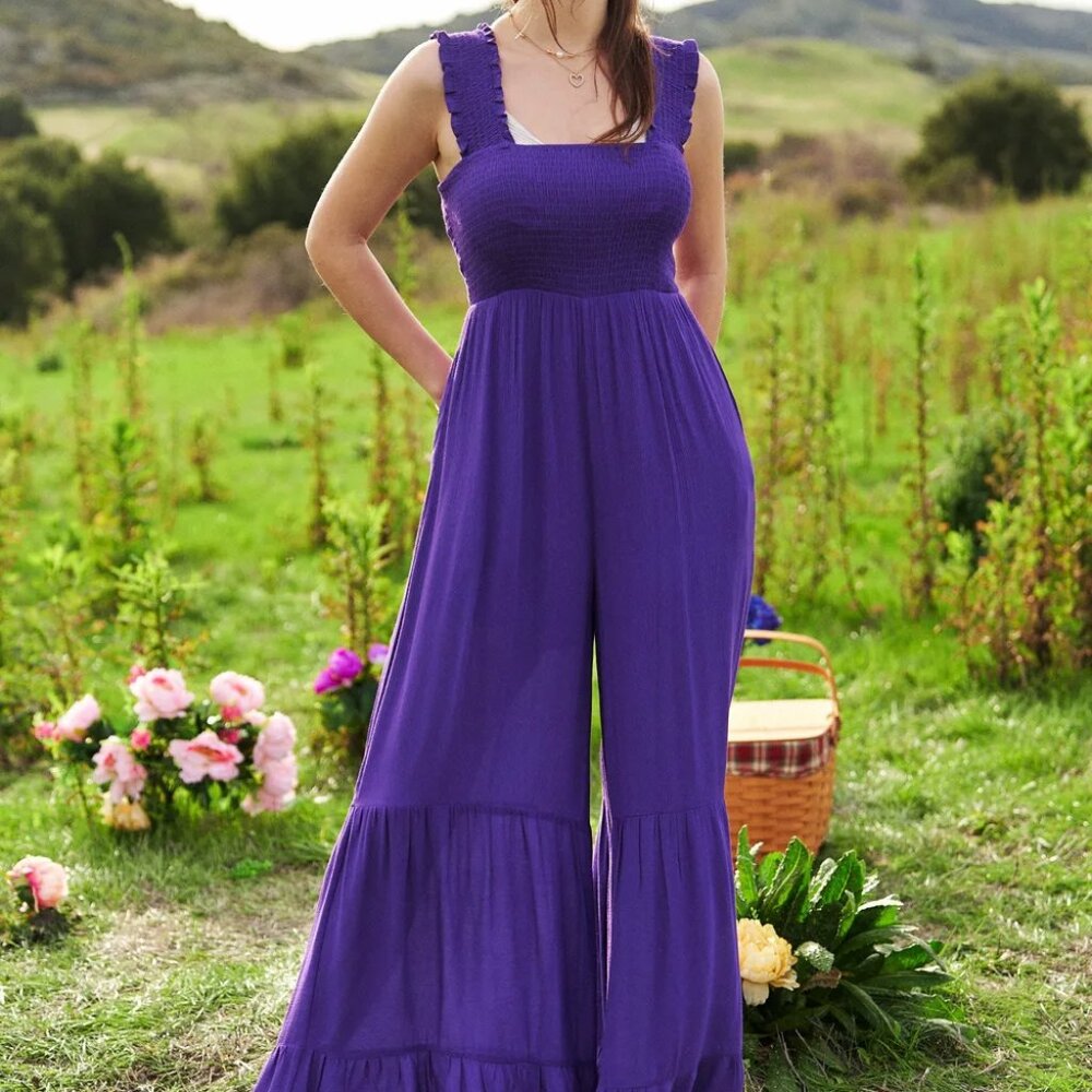 Davi & Dani Smocked Bodice Strap Ruffle Tie Belt Jumpsuit‎